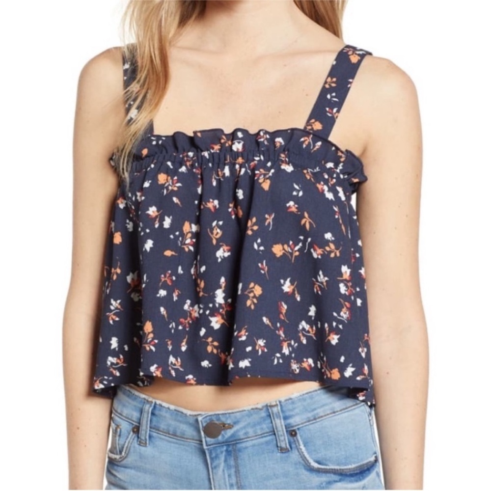 FREE w/purchase Nordstrom BP Floral Print Ruffle Crop Tank Top Navy Indigo L